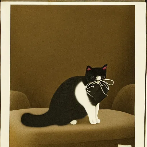 Image similar to photograph of a very fat and judgmental cat wearing a full tuxedo sitting in a dimly lit parlor lounge