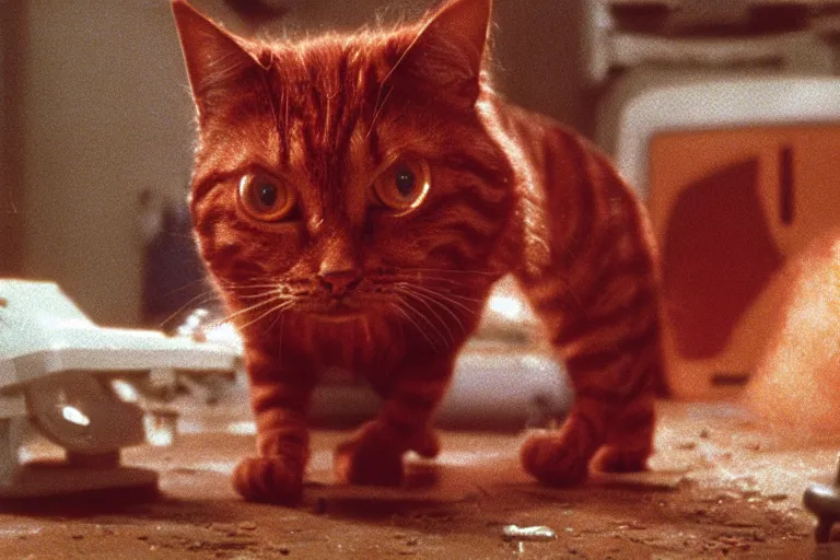 Prompt: filmic wide shot angle movie still 35mm film color photograph of a shape shifting horrific nightmarish red tabby cat organism from The Thing 1982 attacking a mutilated deceased doctor who is completely drenched in blood in the style of a horror film