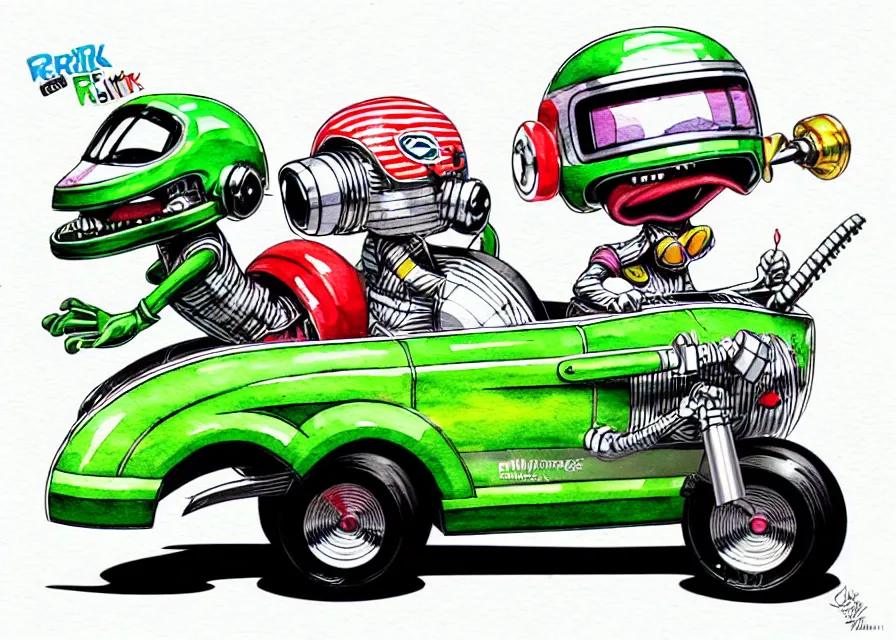 Image similar to cute and funny, ( stripe gremlin ) wearing a helmet riding in a hot rod with oversized engine, ratfink style by ed roth, centered award winning watercolor pen illustration, isometric illustration by chihiro iwasaki, edited by range murata, tiny details by artgerm and watercolor girl, symmetrically isometrically centered