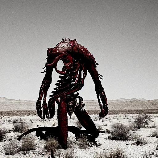 Image similar to in the desert a bloody The Thing creature made of muscle and bone and blood, mid day, 35mm photography, realistic,