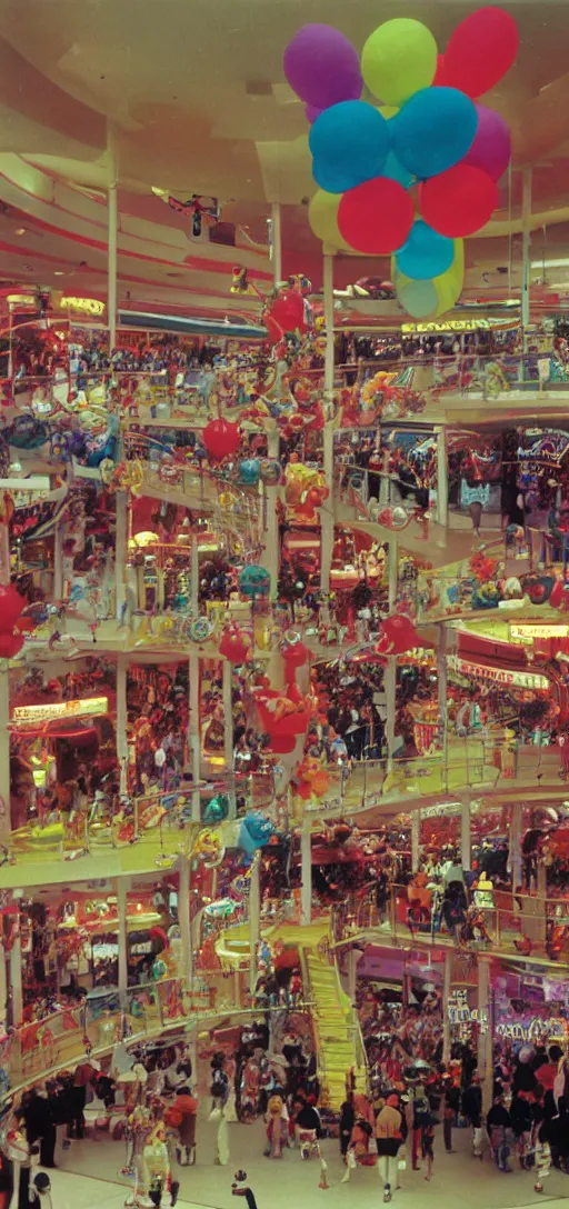 Image similar to the interior of a colorful clown - themed 1 9 8 0 s mall with mall - goers