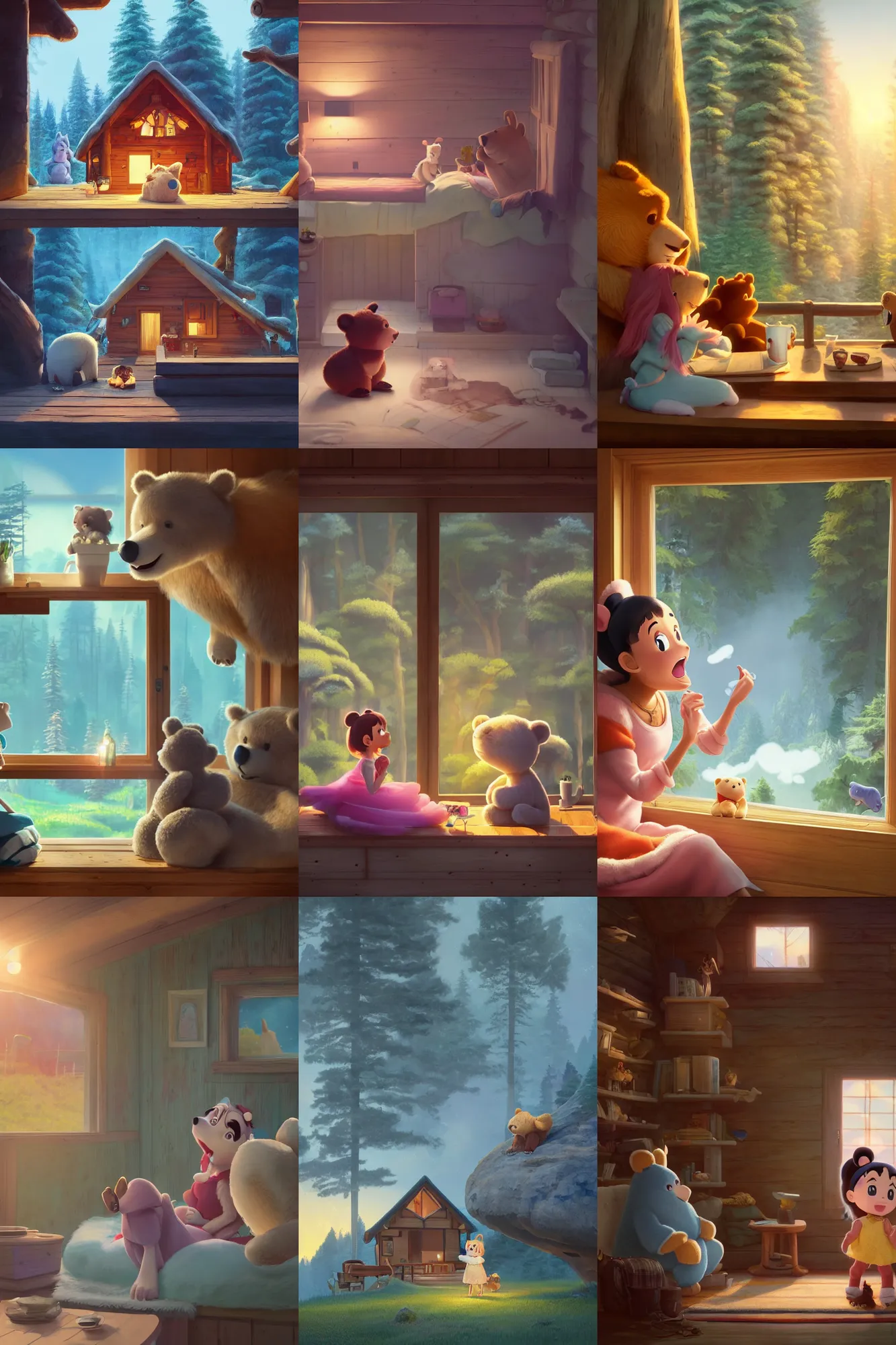 Prompt: a wholesome cottagecore illustration of a happy cartoon Ariana Grande singing in a luxury cabin with a bear that plays the acoustic guitar, studio Ghibli, Pixar and Disney animation, sharp, Rendered in Redshift and Unreal Engine 5 by Greg Rutkowski, Bloom, dramatic lighting, sunrise
