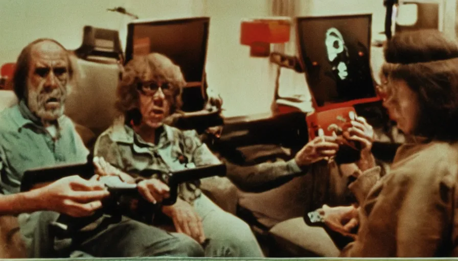 Prompt: 7 0 s film still from a horror movie about sad eldery people playing videogames, kodachrome, cinecolor, cinestill, film grain, film texture, retro, cinematic, high resolution, photorealism,