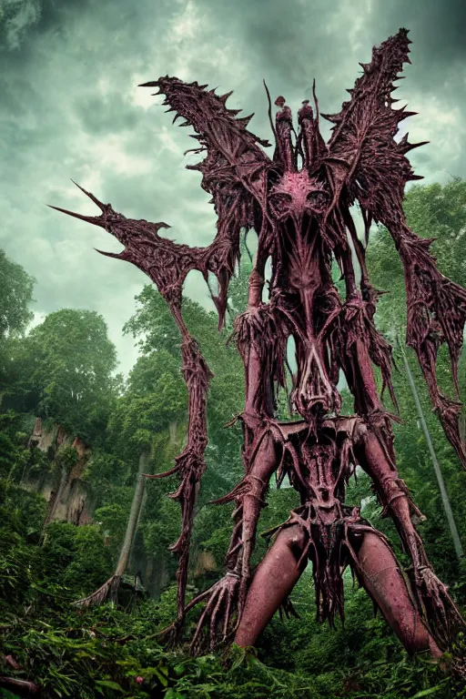 Image similar to post - gothic giant manananggal, exoskeleton armor screaming, dystopian ruins covered in vegetation, highly detailed smooth digital art masterpiece, vitaly bulgarov giger dramatic pink light, ground angle hd 8 k, sharp focus