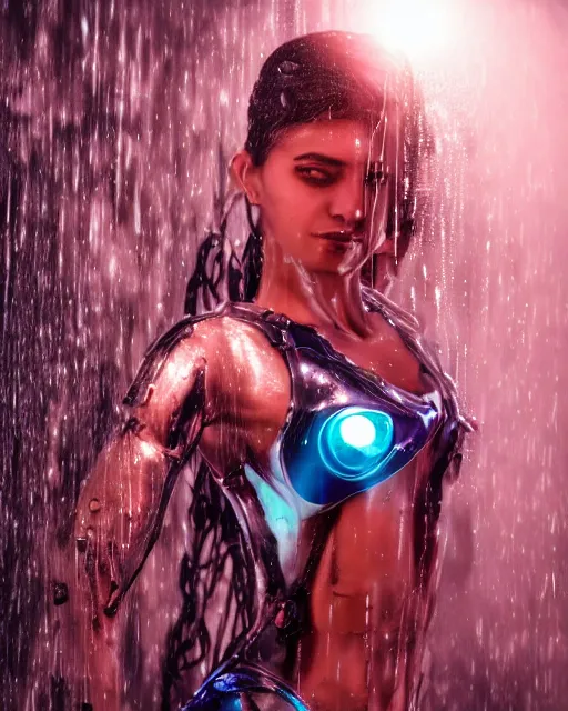 Image similar to photo of female dancer as a cyberpunk mecha humanoid robotic head shoulder parts with straight bright led lights, under a waterfall, wet skin with water dripping down face, photorealism, ultra - realistic and detailed, 8 k