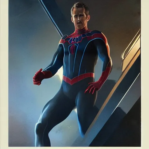 Image similar to ryan reynolds as a black and blue suit spider - man, cinematic, volumetric lighting, f 8 aperture, cinematic eastman 5 3 8 4 film, photorealistic by greg rutkowski, by stanley artgerm, by alphonse mucha