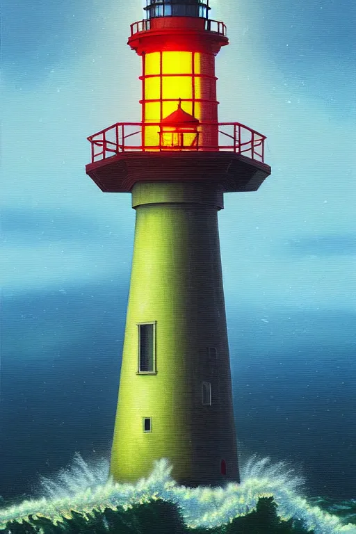 Prompt: a lighthouse in a redwood solar punk vision, overlooking an ocean, choppy waves, oil on canvas by klaus burgle, simon stalenhag, ultra - realistic 3 d depth shading