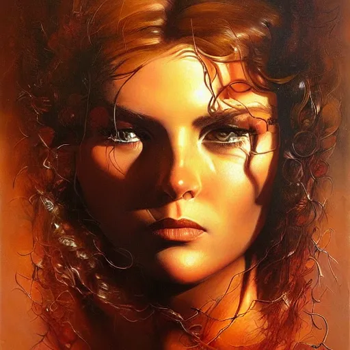 Image similar to detailed portrait of mind blown intricate, hyper detailed, realistic, oil painting, by julie bell, frank frazetta, cinematic lighting