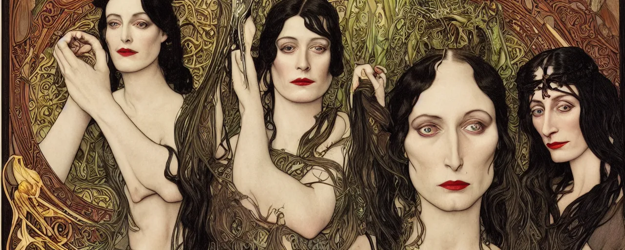 Image similar to stunning hyperdetailed art nouveau portrait of eva green wednesday addams and anjelica huston as the mythological 3 witches, by achilleos, kaluta and mucha, photorealism, extremely beautiful, perfect symmetrical facial features, perfect anatomy, strong confident eyes, witchcraft, glow of magic powers, eldritch crackle, lightning, fire, sparkling energy bolts