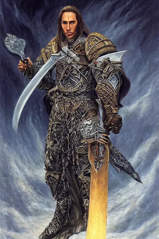 Prompt: Nicholas Cage as a paladin holding a longsword, detailed fantasy art by Gerald Brom