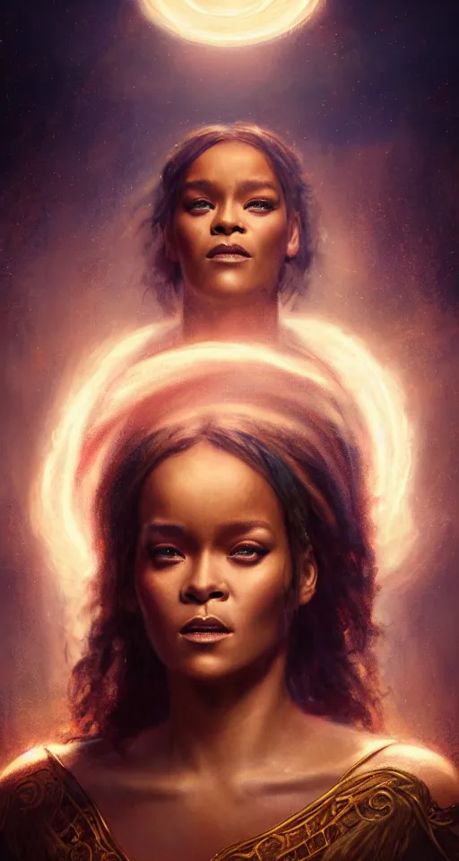 Image similar to majestic gracious regal goddess rhianna with seraphim portrait, ancient greece, elysium, atmospheric lighting, painted, intricate, volumetric lighting, beautiful, rich deep colours masterpiece, golden hour, sharp focus, ultra detailed, by leesha hannigan, ross tran, thierry doizon, kai carpenter, ignacio fernandez rios