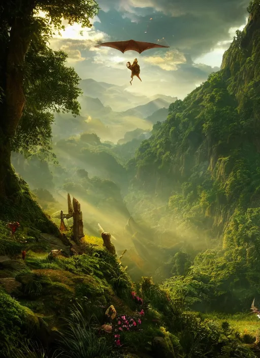 Image similar to a flying faerie in the distance of a lord of the rings scenery landscape, a vast lush valley flowers and wooden structures, stream, sunrise, god's rays highly detailed, vivid color, cinematic lighting, perfect composition, 8 k, gustave dore, derek zabrocki, greg rutkowski, belsinski, octane render