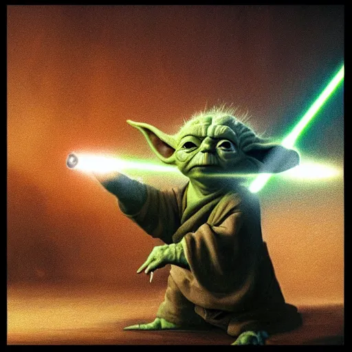 Prompt: inspired by ralph mcquarrie, yoda with a lightsaber, cinematic