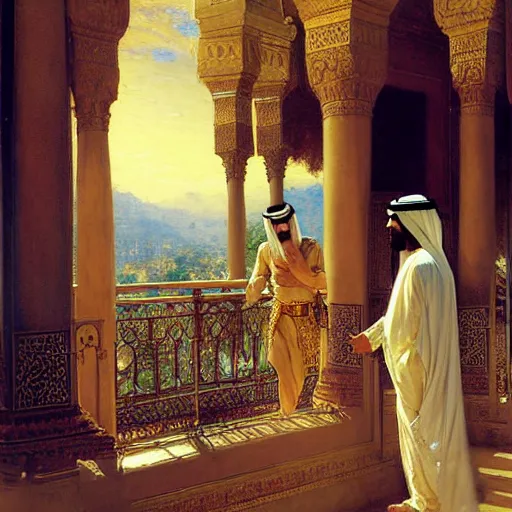 Image similar to attractive arab king confesses his love for his attractive male prince, in a balcony the palace, above river. highly detailed painting by gaston bussiere, craig mullins, j. c. leyendecker