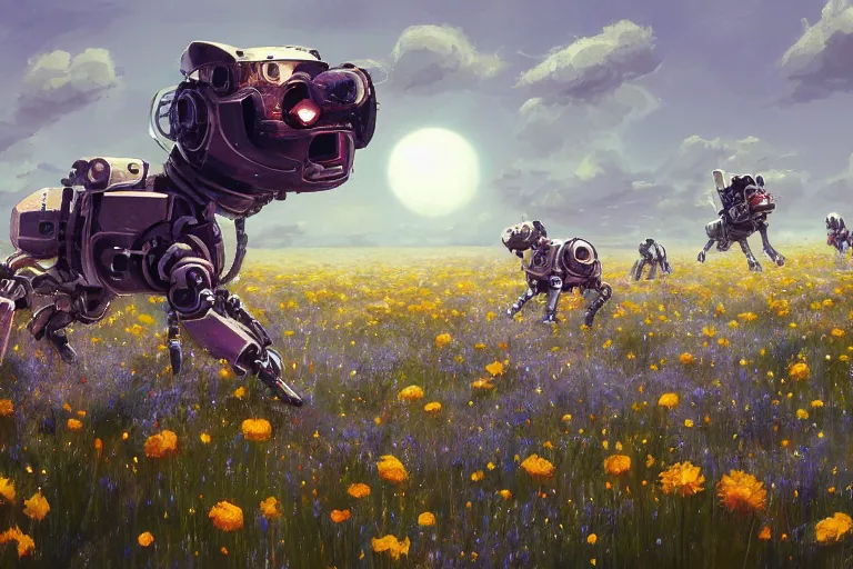 Prompt: robot dogs playing in a field of flowers, blue sky, huge moons by phil foglio and greg rutkowski and james gurney, trending on artstation, hdr, highly detailed