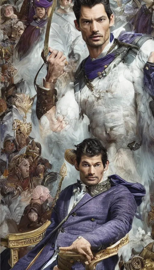 Image similar to david gandy, charming, in a town hall, rich viscount, fit, cunning, gold and purple, warhammer, lord of the rings, sweaty, intricate, highly detailed, digital painting, artstation, concept art, smooth, sharp focus, illustration, unreal engine 5, 8 k, art by artgerm and greg rutkowski and alphonse mucha