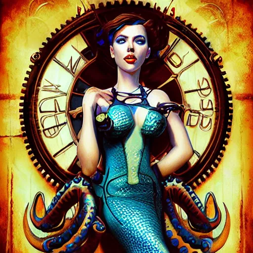 Image similar to underwater mermaid bioshock steampunk victorian portrait of scarlett johansson, octopus, Pixar style, by Tristan Eaton Stanley Artgerm and Tom Bagshaw.