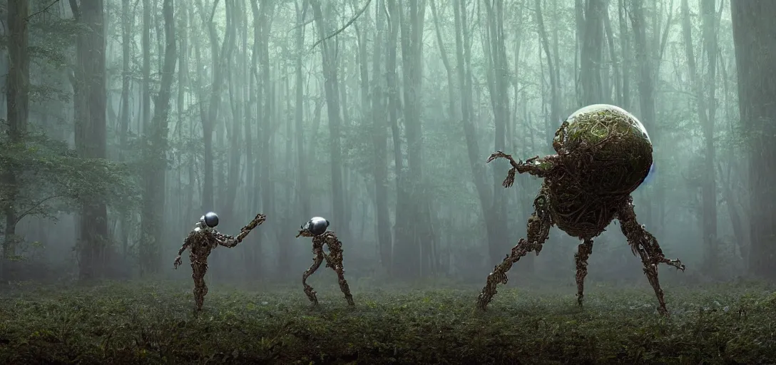 Image similar to an astronaut visiting a complex organic fractal 3 d metallic symbiotic ceramic humanoid megastructure creature in a swampy lush forest, foggy, sun rays, cinematic shot, photo still from movie by denis villeneuve, wayne barlowe