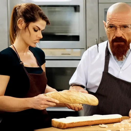 Image similar to alexandria dadario and walter white bake bread