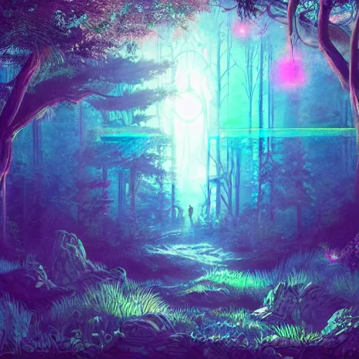 Prompt: a ancient portal to another dimension in the forest, retrowave art, vaporwave, trending on art station