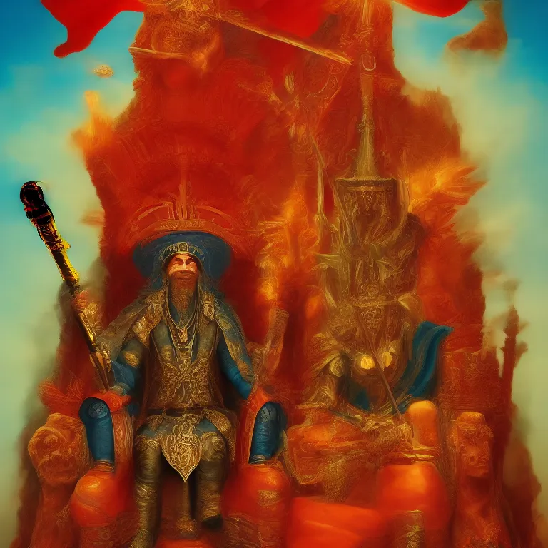 Prompt: a majestic photograph of the king of agharta seated on his throne with the scepter of power, land of advanced races, hollow earth infographic with illustrations, vibrant colours, dynamic lighting, digital art, fantastically beautiful, illustration, trending on artstation, art by albrecht durer, konstantinas ciurlionis, 8 k resolution
