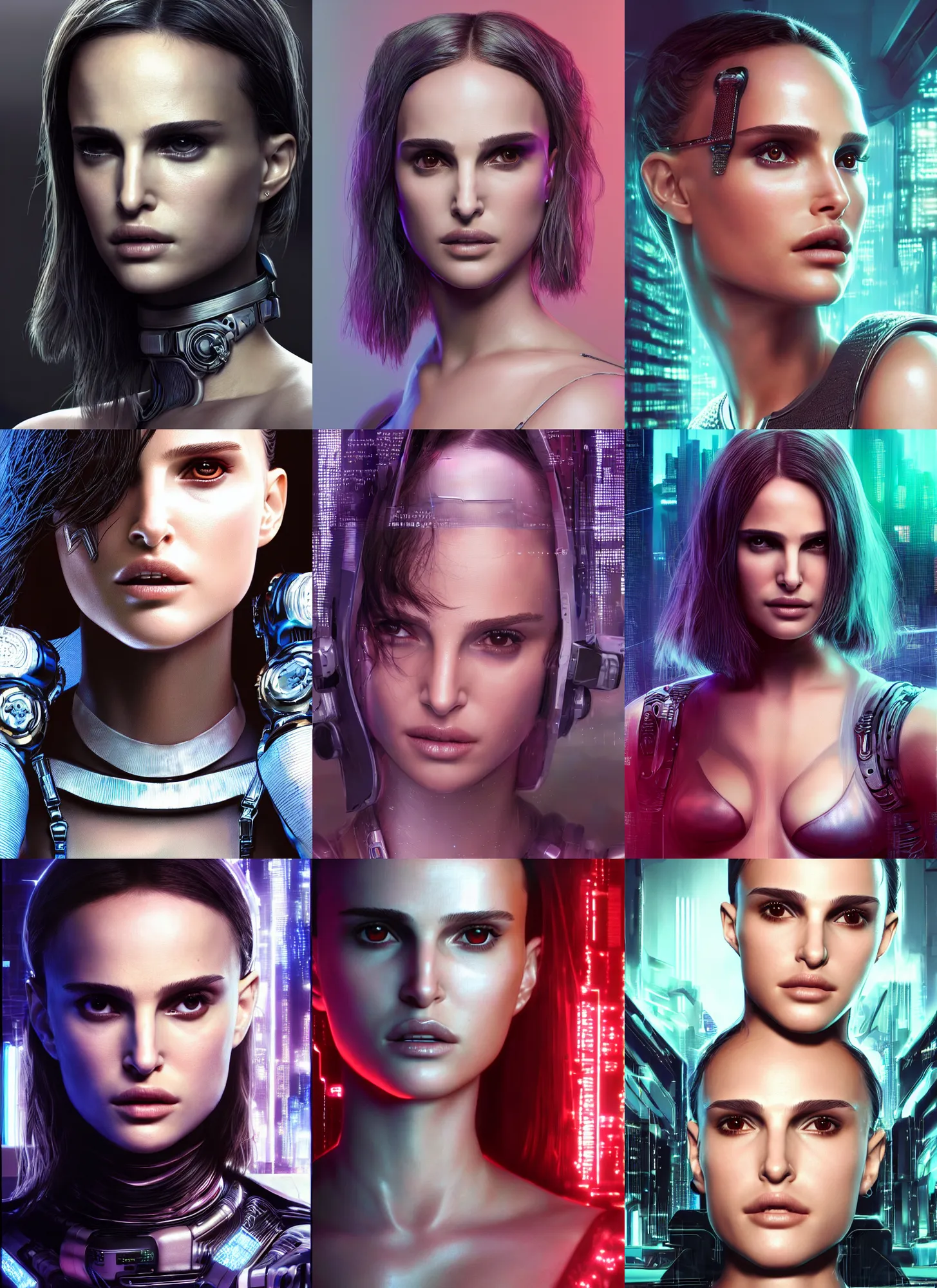 Prompt: cyberpunk portrait of beautiful cyber Natalie Portman, young Natalie Portman, cyberpunk, photorealistic, octane render, beautiful eyes, 35mm, coherent, intricate, 4k, intricate details, concept art, studio lighting, trending or artstation, award winning, hyperrealistic, 8k, hd