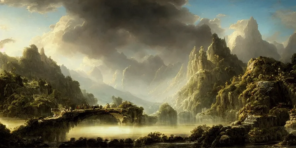 Prompt: digital fantasy of crystal openwork lace bridge at mountain painting by hubert robert high resolution devianart detailed 8 8 grzes, dreamy, clouds, river, birds on sky