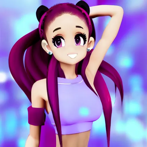 Image similar to Ariana Grande as a MMD model, 3D, style of Ariana Grande model, Vocaloid, soft color, high fantasy, elegant, art station, pixiv, trending, editor’s pickup