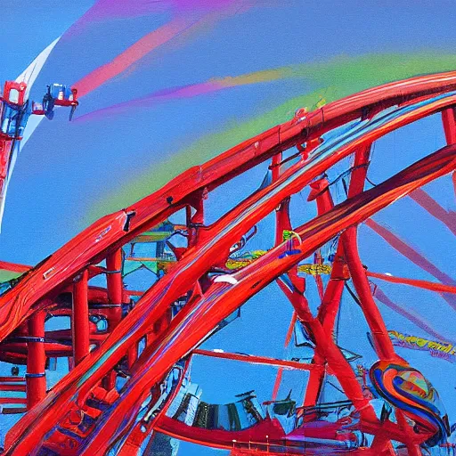 Prompt: painting of top thrill dragster at cedar point, illustration, artistic, colorful, hyper detailed, in the style of Greg Rutkowski