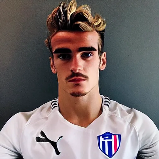 Image similar to “ a realistic detailed photo of a guy who is an attractive humanoid who is half robot and half humanoid, who is a male android, soccer player antoine griezmann, shiny skin, posing like a statue, blank stare, on the bed, on display ”