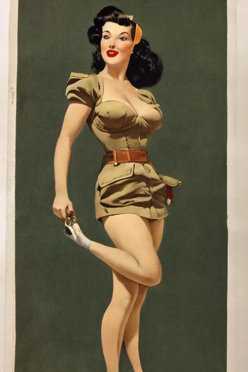 Image similar to a portrait of a one full body pin up post war, dressing a military unioform, garden backgound Gil Elvgren style