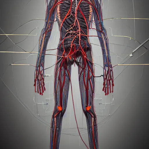 Image similar to man made of internal organs and arteries and veins and cables, extreme detailed intricate render, 8k artistic photography