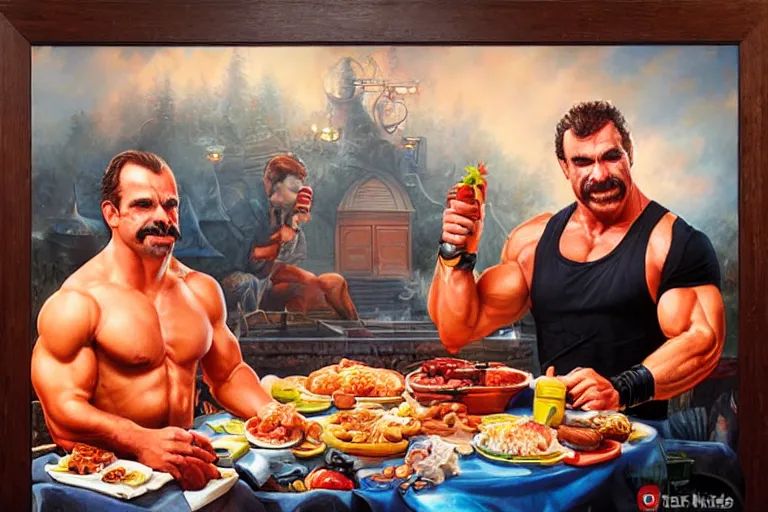 Image similar to portrait of wwf rick rude and wwf jake roberts sharing hotdogs, an oil painting by ross tran and thomas kincade