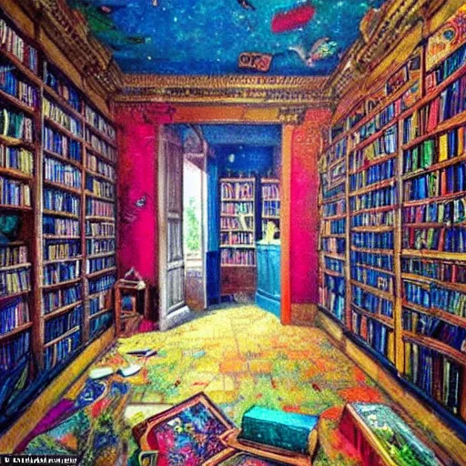 Image similar to an imagination machine bursting with colours, inside a wizards room, books are on shelves, machine parts litter the floor, in the style of an old painting