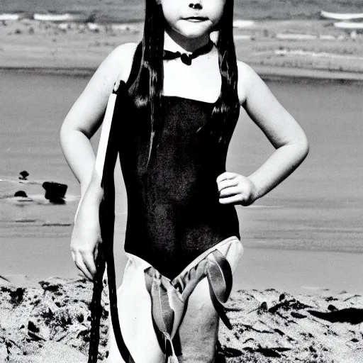 Image similar to b & w photo of wednesday addams at the beach