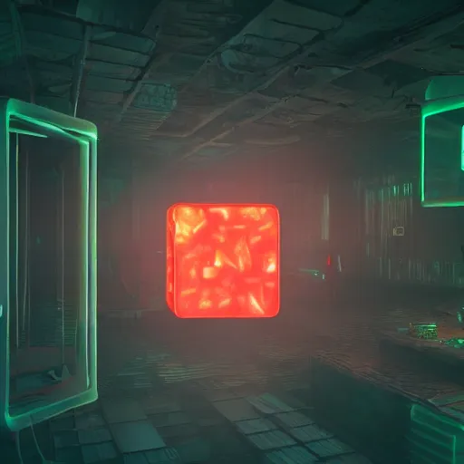 Prompt: glowing translucent cube in a meth lab, cyberpunk, dark room, trending on artstation, 4 k close up, wide angle