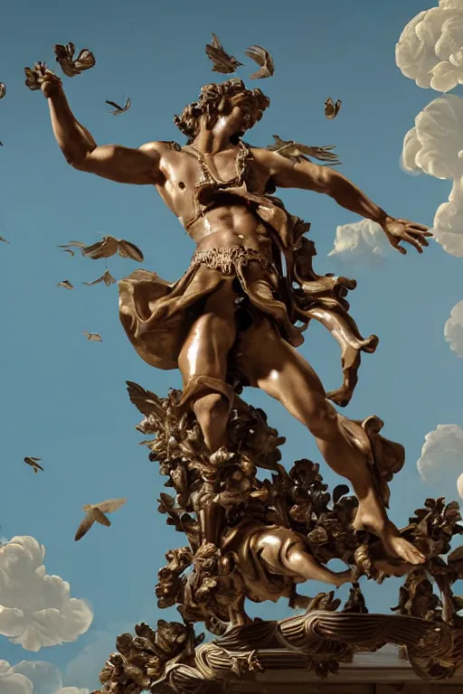 Image similar to a young handsome Spanish prince in a full-body bronze baroque statue floating in midair with his arms arched back, crown of peach roses, opening in his chest with a glowing blue battery. full-length view. baroque element. intricate artwork by caravaggio. many many birds birds on background. Trending on artstation, octane render, cinematic lighting from the right, hyper realism, octane render, 8k, depth of field, 3D