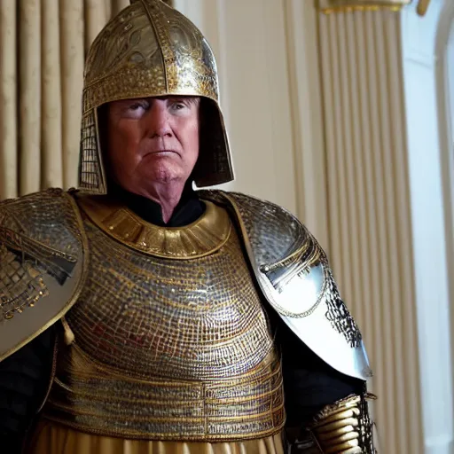 Prompt: cinematic shot of donald trump wearing ancient roman military armor in the white house, 8 k, very detailed, very intricate,