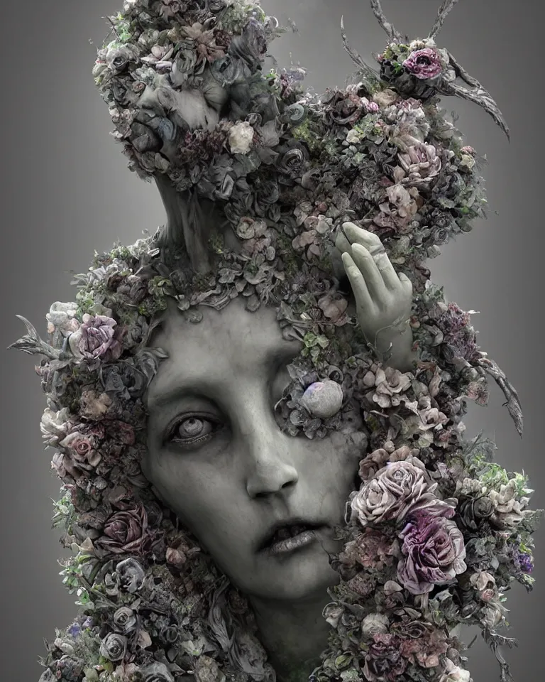 Image similar to portrait of gothic cemetery statue breaking apart, made of mist, made of flowers, Andrew Ferez, Charlie Bowater, Marco Mazzoni, Seb McKinnon, Ryohei Hase, Alberto Seveso, Kim Keever, trending on cgsociety, featured on zbrush central, new sculpture, mystical