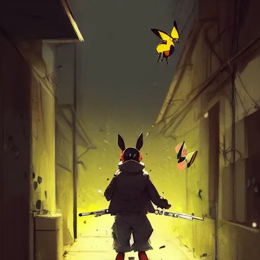 Prompt: pikachu wielding a butterfly knife and mugging people in a back alley, art by greg rutkowski, intricate, elegant, highly detailed, smooth, sharp focus, artstation