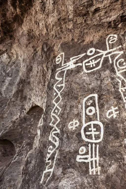 Image similar to 4 k photography of petroglyphs representing crosses, ufo, wifi symbol on a cave