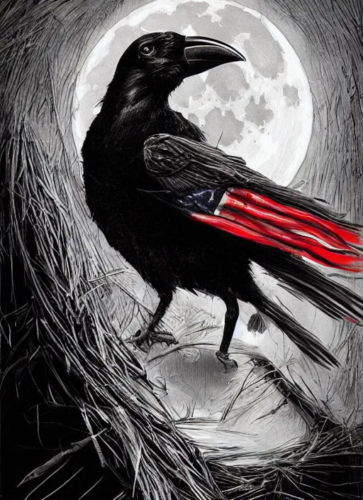 Image similar to portrait, A crow in front of the full big moon, book cover, red white and black colors, establishing shot, extremly high detail, foto realistic, cinematic lighting, pen and ink, intricate line drawings, by Yoshitaka Amano, Ruan Jia, Kentaro Miura, Artgerm, post processed, concept art, artstation, matte painting, style by eddie mendoza, raphael lacoste, alex ross