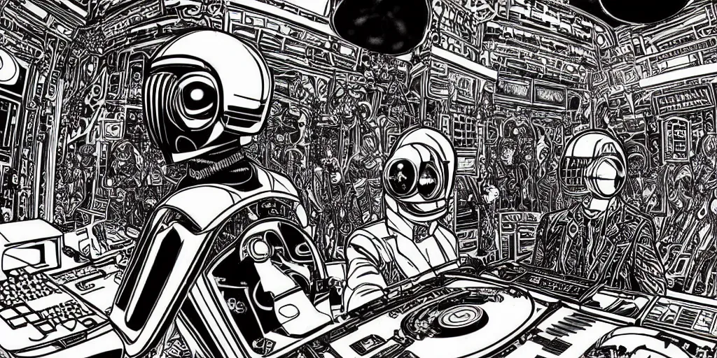Image similar to intricate detailed artwork of 2 Daft Punk robot rock using dj controller at an underground warehouse rave in Ibiza, playing techno house music, thousands of beautiful girls in bikini dancing, in the style of Moebius, wires, speakers, black and white ink, some ink drips
