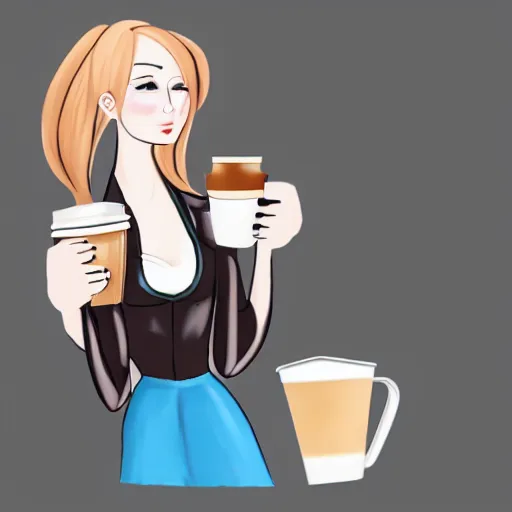 Prompt: feminine android holding coffee outside
