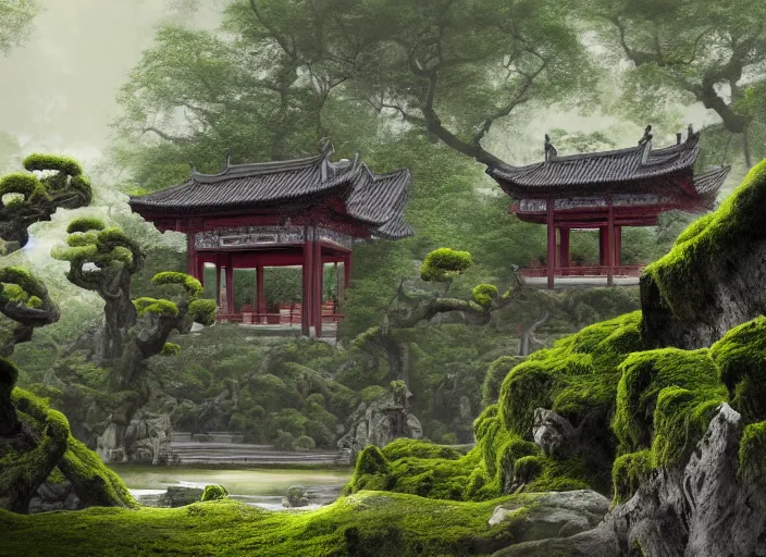 Image similar to A very detailed matte painting of mysterious ancient Chinese temple overgrown with moss, lush plants, verdan trees, breathtaking, hyper-realistic, volumetric lighting, 4k resolution, digital art, trending on Artstation