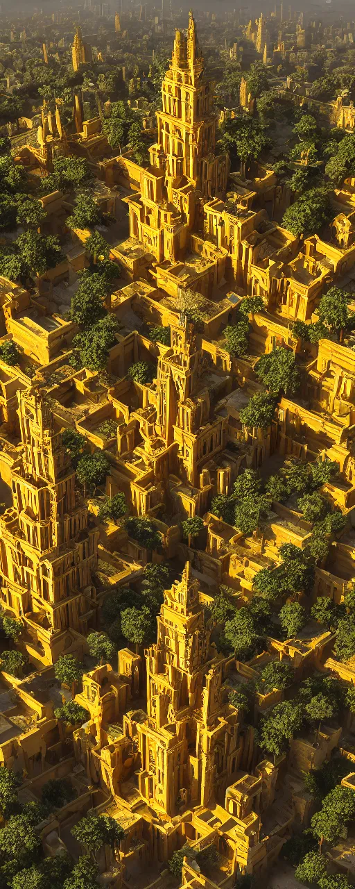 Image similar to eye level view of single tower, golden facade babylon tower, sacred ancient architecture, hanging gardens, cascading highrise, arid mountains with lush palm forest, sunlight, post - production, octane, cgi, sfx, beautiful dynamic lighting, cinematic, extremely high detail, photo realistic, cinematic lighting, 8 k