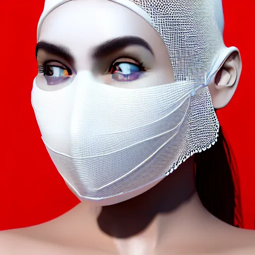 Image similar to ultra detailed woman wearing a white mask with black wires on her head, featured on behance, net art, made of wire, 1 0 mm lens, elegant, hyper realistic, ultra detailed, hyper realistic vfx simulation, volumetric lighting, 8 k post - production