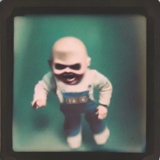 Prompt: screaming chucky doll at bottom of dark ocean expired film polaroid