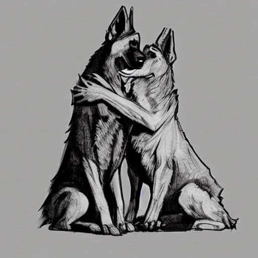 Image similar to two humanoid german shepherds beast - men, sitting on a couch and hugging together, artstation, concept art, smooth, sharp foccus ilustration, artstation