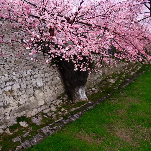 Image similar to japanese cherry blooming underneath the tesanj fortress